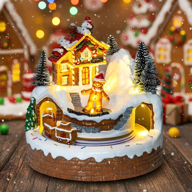 MXwcy Animated Gingerbread House Christmas Village – Lighted Musical Figurine with Moving Train, Holiday Collectible Statue, Tabletop Decor - Image 1